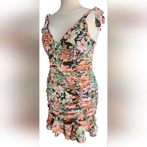 Lily Rose Juniors' Black Floral Ruched Tie Shoulder Bodycon Mini Dress Women's L